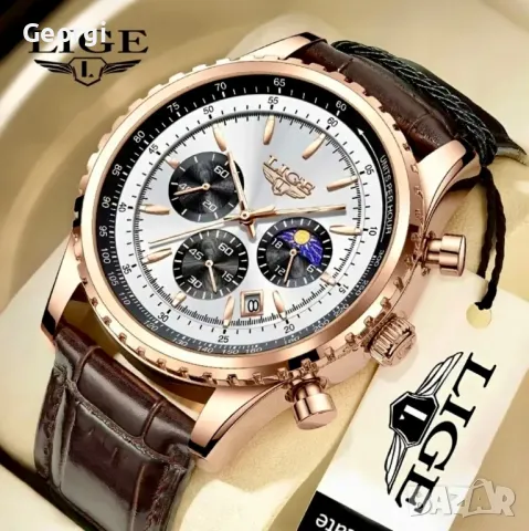 Мъжки класически, луксозен хронограф LIGE *Елегант* Аристократично златист металик !, снимка 2 - Мъжки - 49621415