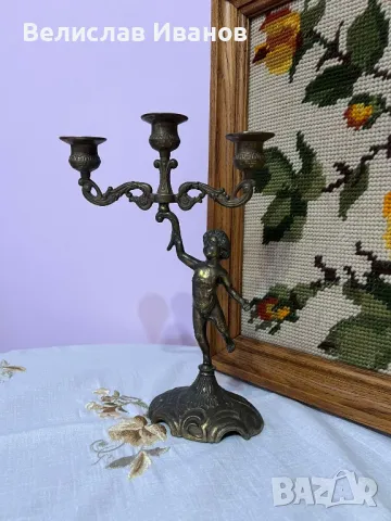 Стар антикварен бронзов свещник за три свещи. Отлично състояние., снимка 4 - Колекции - 47514691