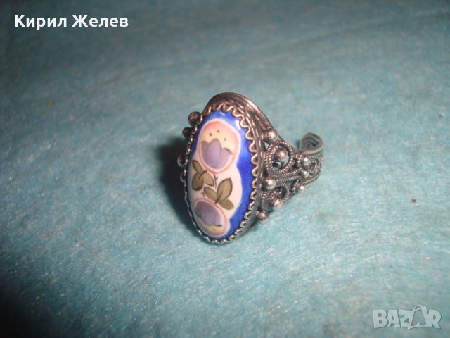 СТАРИНЕН СРЕБЪРЕН ПРЪСТЕН ФИЛИГРАННО СРЕБРО с ГРАНУЛАЦИЯ и РЪЧНО РИСУВАН ПОРЦЕЛАН БИЖУ УНИКАТ 25119, снимка 4 - Антикварни и старинни предмети - 34883896