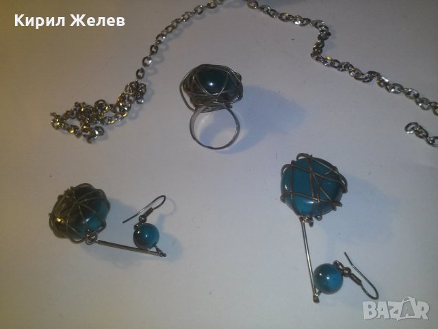 АРТ ХЕНД МЕЙД ПРЪСТЕН ОБЕЦИ КОЛИЕ СИНИ КАМЪНИ 7747, снимка 3 - Бижутерийни комплекти - 29721288