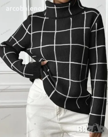 Дамски контрастен кариран пуловер с висока яка, 4цвята , снимка 14 - Блузи с дълъг ръкав и пуловери - 47979369