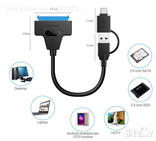 Кабели USB 3.0 и Tape c към HDD 2.5 SATA, снимка 2 - Външни хард дискове - 31378399