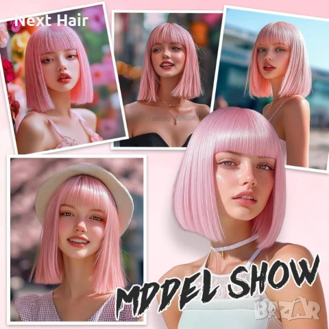 Къса плътна розова перука с бретон, снимка 3 - Аксесоари за коса - 51086907