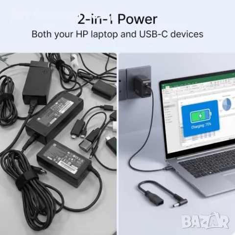 Нова Компактно HP лаптоп зарядно 65W GaN USB-C USB-A UK адаптер контакт, снимка 4 - Лаптоп аксесоари - 55942967