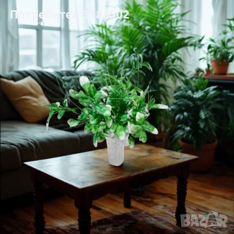 Изкуствена аранжировка от зелени клонки с бели акценти – Стилна нотка свежест за интериора, снимка 4 - Изкуствени цветя - 51227570