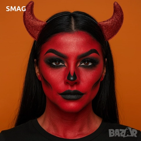 Хелоуин / Halloween диадема с червени блестящи рога_1256087, снимка 2 - Аксесоари за коса - 52131285