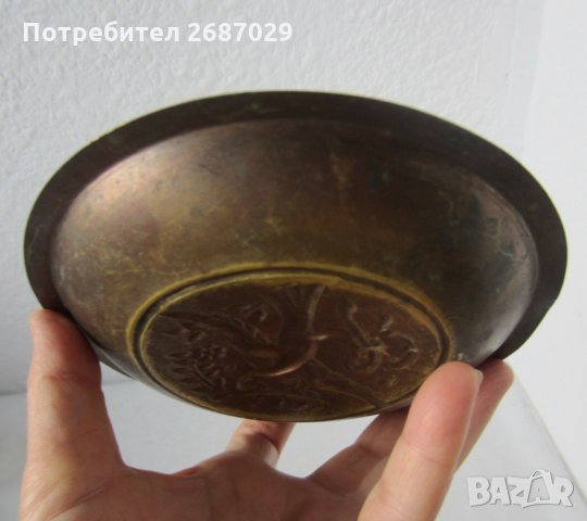 антика- чиния чинийка с пиле птица мед метал, снимка 3 - Други - 31966771
