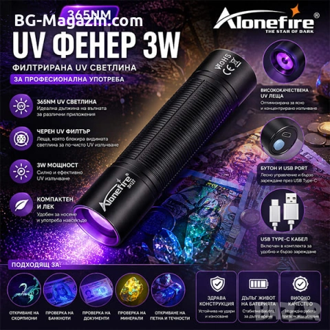 Професионален ултравиолетов ръчен UV фенер 365nm черен филтър за фалшиви пари евро урина камъни