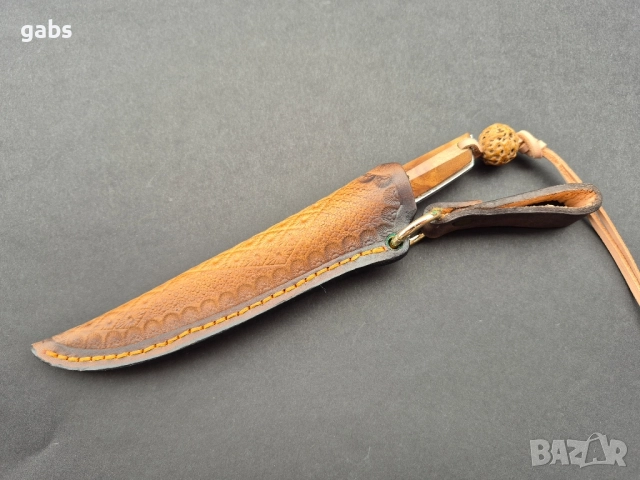 Компактен ловен нож,фултанг дамаска стомана с кожена кания, LN426, снимка 9 - Ножове - 52327576