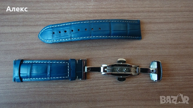 Синя кожена каишка за часовник 22 мм с разгъваща се закопчалка (Folding Clasp)., снимка 2 - Каишки за часовници - 54247163