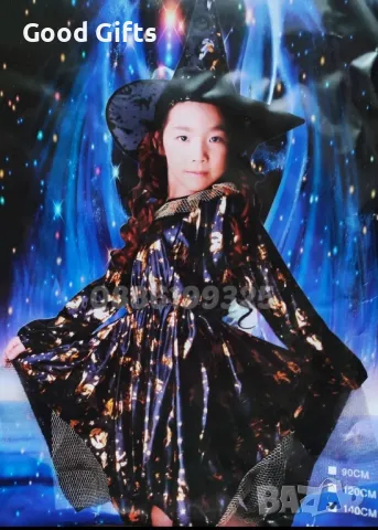 Детска рокля на Вещица, Детски Костюм на Вещица за Хелоуин с Шапка
