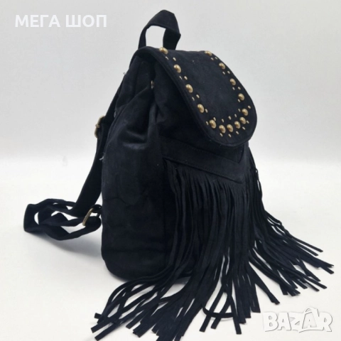 Велурена дамска раница с ресни и метални нитове – бохо стил и практичност, снимка 4 - Раници - 52643500