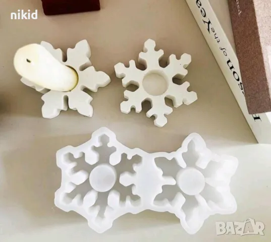 2 снежинки снежинка дълбок силиконов молд фондан смола гипс шоколад свещ свещник свещи, снимка 3 - Форми - 48429377