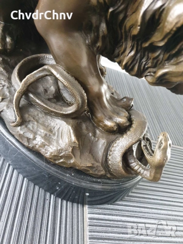 60см-22кг Barye статуя-композиция/голяма бронзова скулптура/фигура на лъв и змия, снимка 6 - Статуетки - 52840155