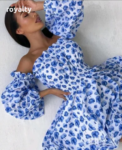 Ефектна синя рокля с паднали рамене, снимка 2 - Рокли - 50169831