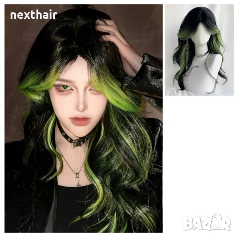 Черна чуплива перука с лимонено жълти кичури, снимка 6 - Аксесоари за коса - 51029919