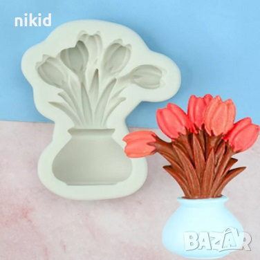 Ваза с лалета букет цветя лале силиконов молд форма фондан шоколад глина смола