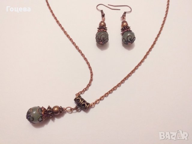 🧡Разкошен Викториански Нефритен комплект колие и обеци с изящни медни орнаменти🧡, снимка 4 - Бижутерийни комплекти - 30179583