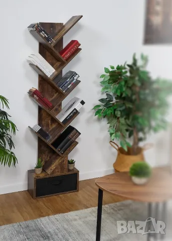 Дървена библиотека за книги тип дърво 9 рафта + чекмедже, бял, венге, снимка 2 - Етажерки - 49723979