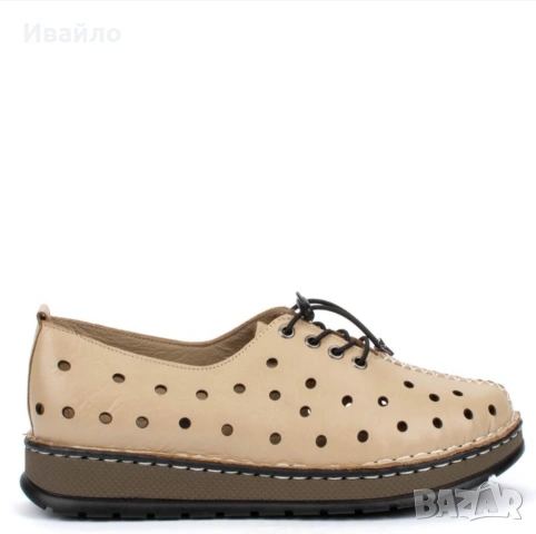Дамски обувки от естествена кожа в бежово с перфорация и връзки, снимка 2 - Дамски ежедневни обувки - 53915800