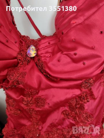 Червена супер официална сатенена  рокля с дантела и камъчета+сатенено наметало , снимка 6 - Рокли - 40040498