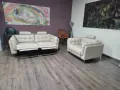 Кремав кожен диван тройка с ел. релакс механизъм и фотьойл, снимка 5