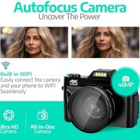 Нова 4K 48MP Цифрова Камера с Автофокус + 32GB Микро SD Широкоъгълен Обектив, снимка 2 - Фотоапарати - 42740024