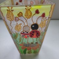 Ръчно рисуван, масивен стъклен свещник. Или ваза, за сухи цветя. , снимка 3 - Вази - 38570852