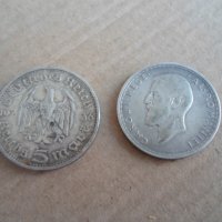 2 сребърни монети,5 РАЙХСМАРКИ/1936,2 ЛЕИ/1910, снимка 1 - Нумизматика и бонистика - 35037140