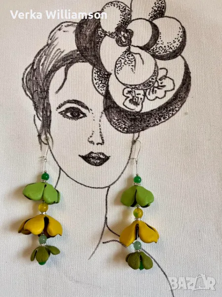 Дълги обици от естествена кожа в зелено и жълто (горчица) модел 46, снимка 1