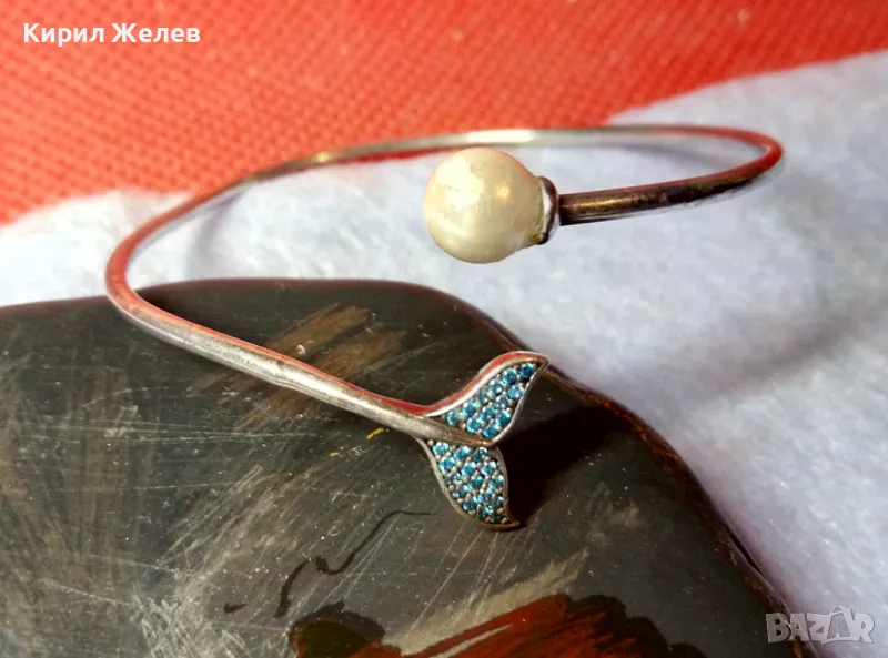 СТАРИННА ПРЕЛЕСТНА СРЕБЪРНА ГРИВНА СРЕБРО ВИСОКА ПРОБА с ЕСТЕСТВЕНА БЯЛА ПЕРЛА и СИНИ ЦИРКОНИ 25977, снимка 1