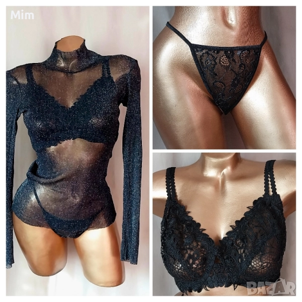  Блуза от сребрист черен брокат ,сутиен с рязана дантела и дантелена прашка , снимка 1
