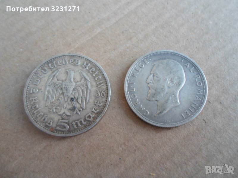 2 сребърни монети,5 РАЙХСМАРКИ/1936,2 ЛЕИ/1910, снимка 1