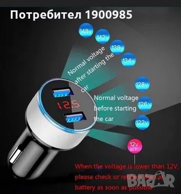 Зарядно за кола волтметър 3.1A с дисплей, снимка 3 - Аксесоари и консумативи - 29487230