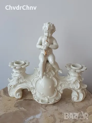 Schaubach-Kunst Wallendorf 23см/Валендорф стар немски порцеланов свещник/бял-двоен-дете-злато