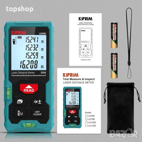 Лазерна ролетка Kiprim LD50E 50M, 2 нивелира, LCD дисплей с подсветка, превключване метри/футове/инч, снимка 2 - Гедорета - 50555714