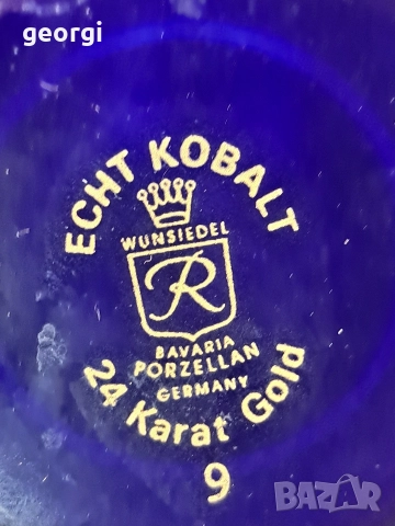 немска порцеланова ваза Wunziedel кобалт с 24 карата позлата М1, снимка 5 - Вази - 52983159