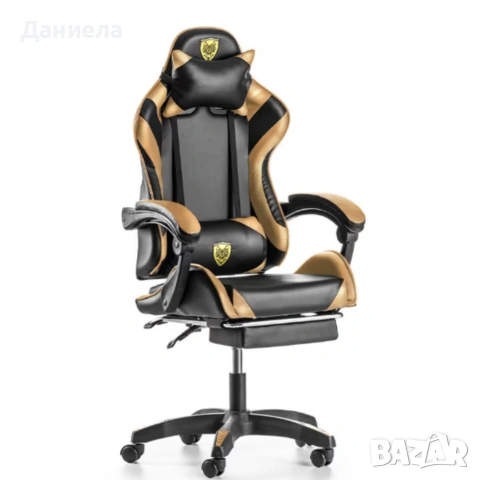 Черен геймърски стол с златисти акценти и разтегляема поставка за крака, снимка 3 - Столове - 53237830