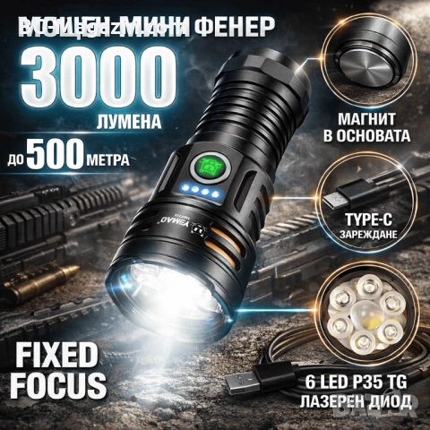 Професионален прожектор 3000 лумена YEMAO Хибриден Лазерен LED USB-C за лов риболов туризъм палатка