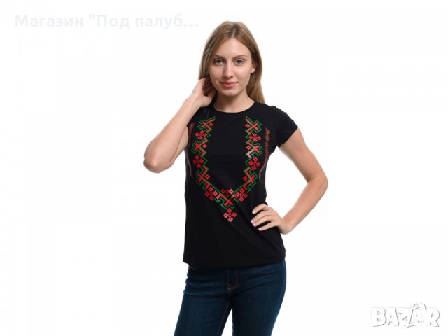 Нова дамска черна тениска с трансферен печат Шевица, Етно мотив, България, снимка 14 - Тениски - 29964913