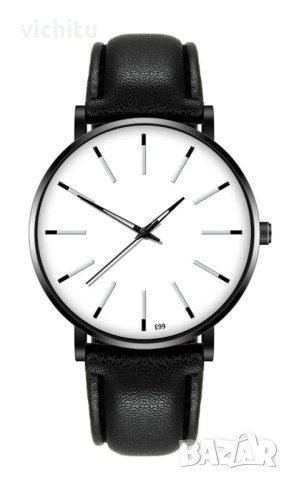Елегантен нов мъжки часовник с черна кожена каишка и искрящо бял циферблат., снимка 2 - Мъжки - 44380050