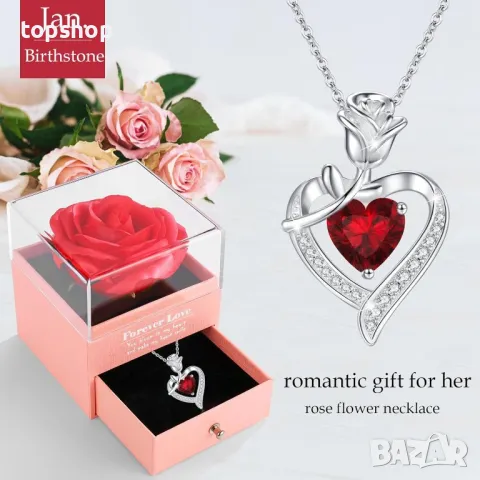 Колие със сърце и изкуствена червена роза MISUMOR за жени, снимка 2 - Колиета, медальони, синджири - 50314637