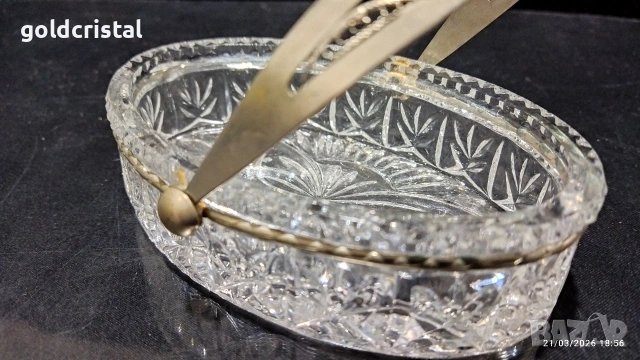 руска стъклена захарница бонбониера с дръжка филигран , снимка 3 - Антикварни и старинни предмети - 17478687