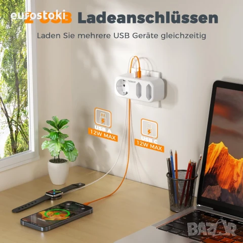 TESSAN Троен щепсел за контакт,  с USB C и USB A, 3600 W , снимка 7 - Друга електроника - 50966428