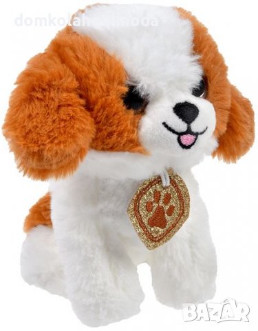 Седнало плюшено куче кафяво бяло.10х12х15см