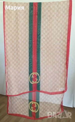 Нов Дамски Шал Gucci Прозрачен Лого Гучи Бежов Червен Зелен, снимка 2 - Шалове - 51826454