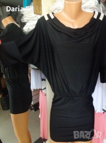 Черна рокля/туника с гръцко деколте и сребристи камъчета на раменете, снимка 6 - Рокли - 37934381