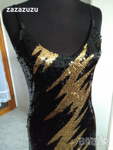 Елегантна дамска рокля - черно и злато пайети, снимка 5 - Рокли - 30697134