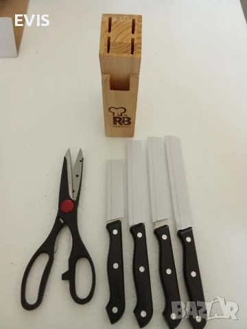 Комплект ножове + ножица Renberg с дървена поставка , снимка 2 - Прибори за хранене, готвене и сервиране - 50696630