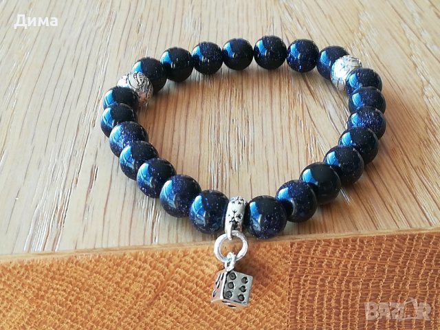 Дамска Гривна Стерлингово Сребро и 8 мм Камъни Синя Звездна Галактика /Син Пясъчен Авантюрин, снимка 2 - Гривни - 36826950